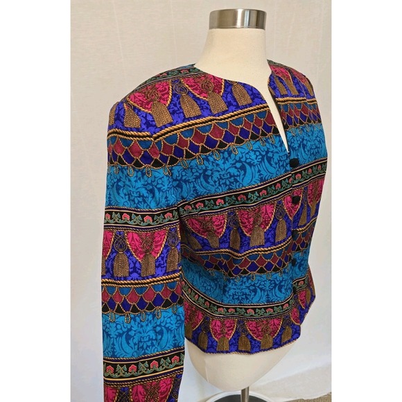 Adriana Pappel 100% Silk Blazer Jacker Womens Size 14 Bold 90s Vintage Peplum - Picture 3 of 7
